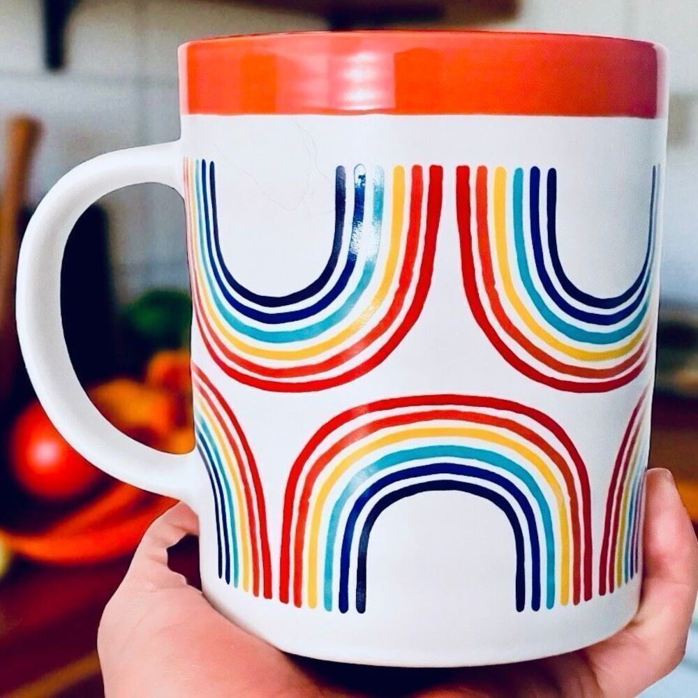 NWT prima design Rainbow Pride White Orange Rim & Blue,Yellow Ceramic Coffee Mug